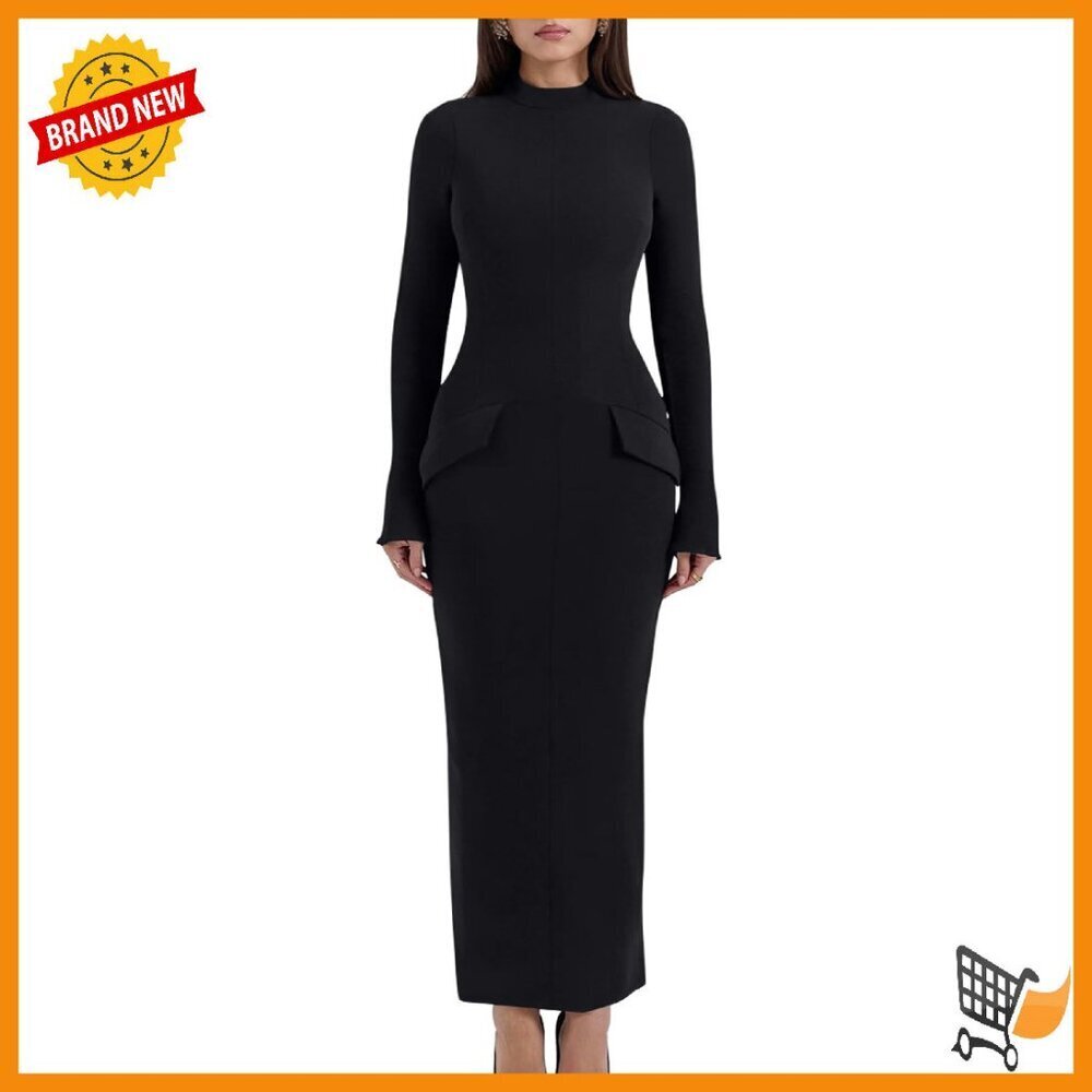 Long Sleeve Mock Neck Bodycon Dress with Back Slit and Pockets